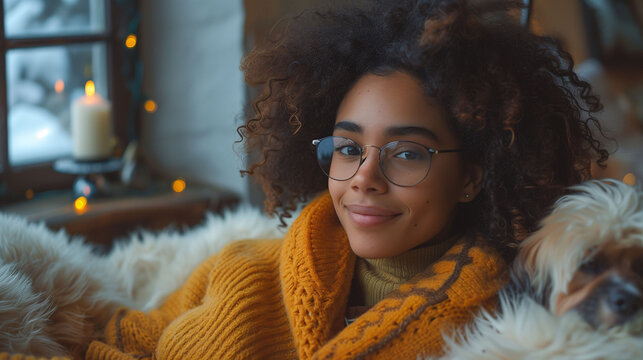 Cozy scene with a smiling woman in glasses and a yellow sweater, cuddling with a fluffy dog, with soft lighting and candles in the background.
