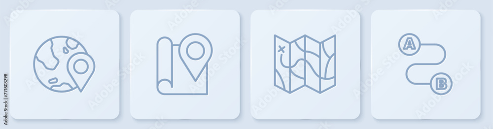 Poster set line location on the globe, folded map, with location marker and route. white square button. vec