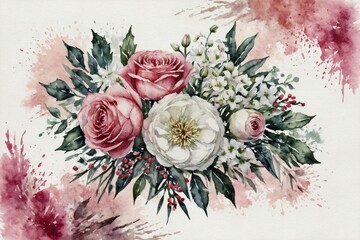 watercolor wedding bouquet of vintage pink roses and white flowers 