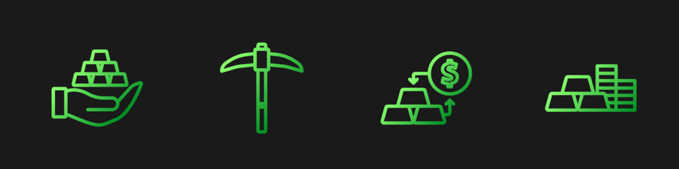 Obraz premium Set line Gold exchange money, bars in hand, Pickaxe and coin with gold. Gradient color icons. Vector