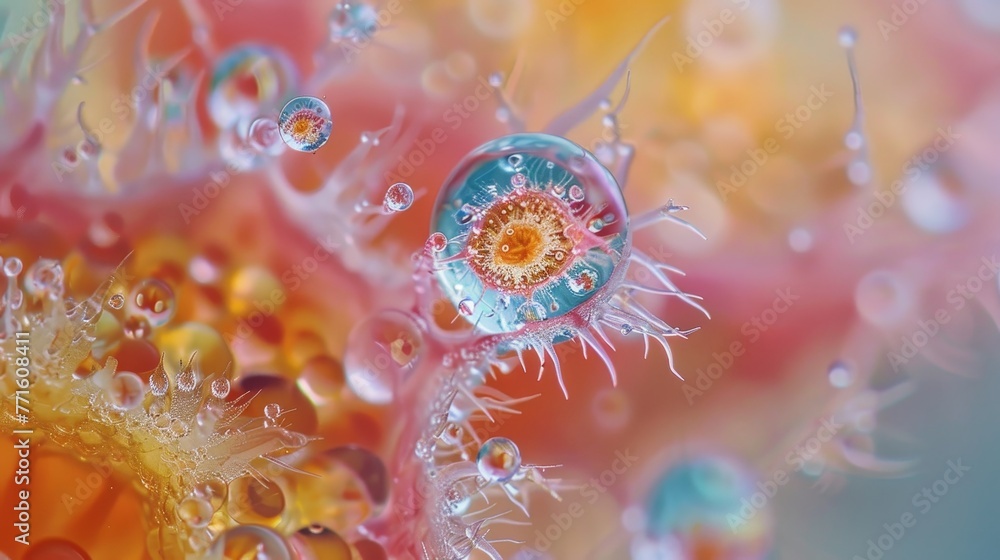 Poster a close up of a flower with water droplets on it. the droplets are of different sizes and colors, cr