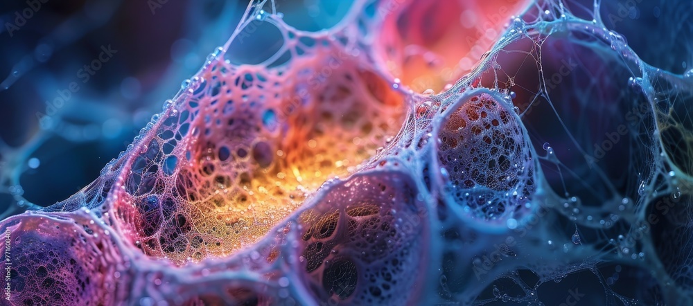 Poster a colorful, abstract image of a cell with a blue background. the cell is made up of many small bubbl