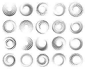 Speed lines in circle form. Geometric art. Set of black thick halftone dotted speed lines. Design element for frame, logo, tattoo, web pages, prints, posters, template, abstract background.
