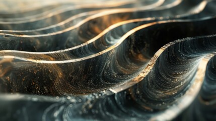 The image is a close up of a wave with a metallic sheen. The wave is made up of many small, curved lines that seem to be made of metal. The metallic sheen gives the wave a futuristic