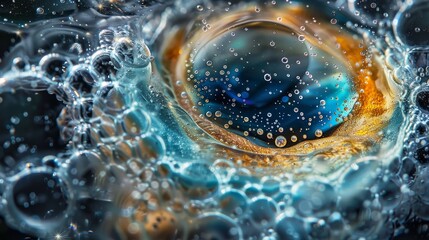 A large bubble of water with a blue and orange swirl. The bubbles are all different sizes and are scattered throughout the bubble