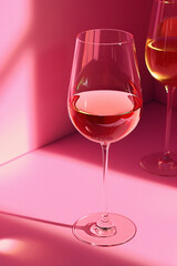 Two wine glasses illuminated by pink light on a soft pink surface, creating a romantic and elegant atmosphere