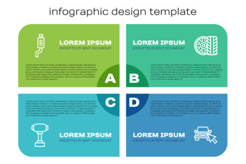 Set line Gear shifter, Car muffler, Online car sharing and tire wheel. Business infographic template. Vector