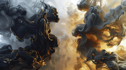 abstract interplay of smoke and light, shades of black and gold, dynamic fluidity