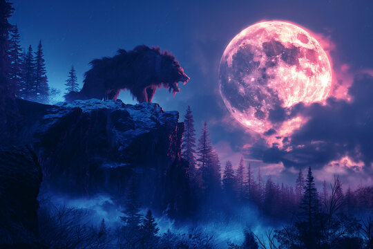 mystic werewolf lycanthrope howls at full moon on top of mountain in forest at night