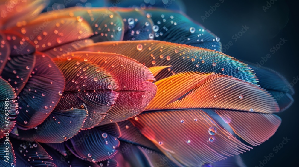 Poster a close up of a feather with droplets of water on it. the feather is colorful and has a unique patte
