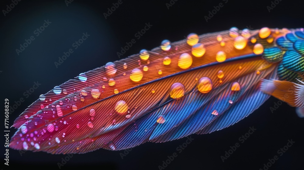Poster a feather with droplets of water on it. the droplets are in different colors, creating a rainbow eff