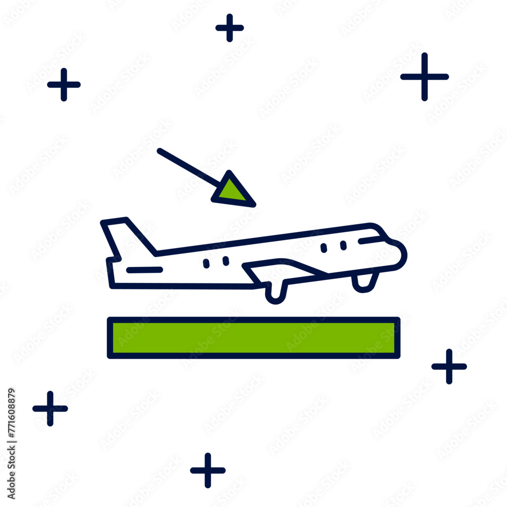 Poster filled outline plane landing icon isolated on white background. airplane transport symbol. vector