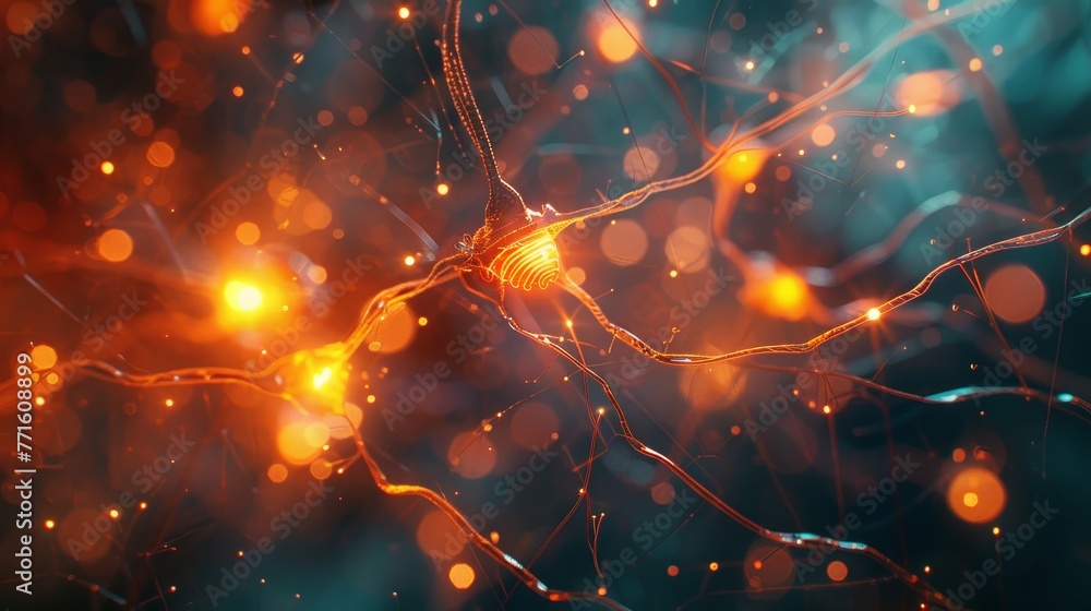 Poster a close up of a brain with many neurons and a lot of light. the neurons are orange and the backgroun