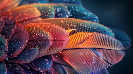 A close up of a feather with droplets of water on it. The feather is colorful and has a unique pattern. The droplets of water add a sense of freshness and movement to the image - obrazy, fototapety, plakaty