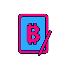 Filled outline Mining bitcoin from graphic tablet icon isolated on white background. Cryptocurrency mining, blockchain technology service. Vector