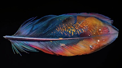 A colorful feather with a metallic sheen. The feather is a vibrant mix of blue, orange, and yellow. The metallic sheen gives the feather a futuristic, almost otherworldly appearance - obrazy, fototapety, plakaty