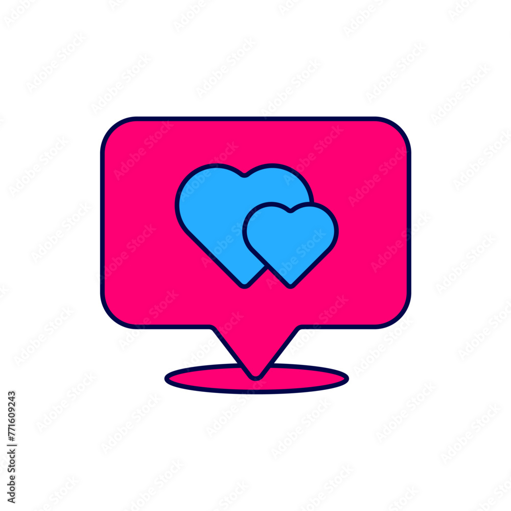 Poster filled outline map pointer with heart icon isolated on white background. valentines day. love locati