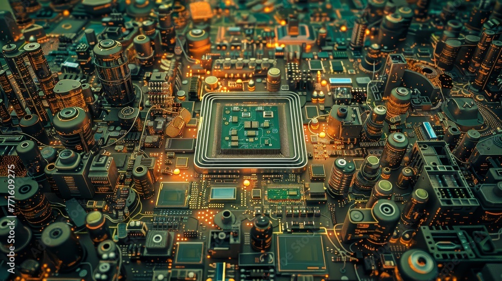Poster a computer chip is shown in a cityscape with lights. the chip is surrounded by many other electronic