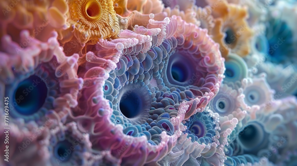 Poster a colorful, abstract image of a coral reef with many different colored bubbles. the bubbles are of v