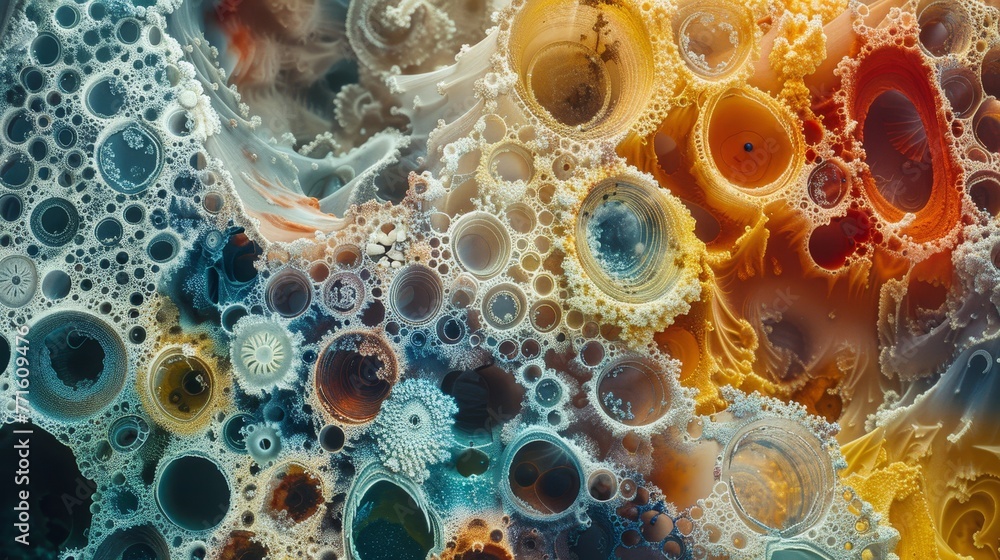 Poster the image is a colorful abstract painting with many small circles and bubbles. the colors are bright
