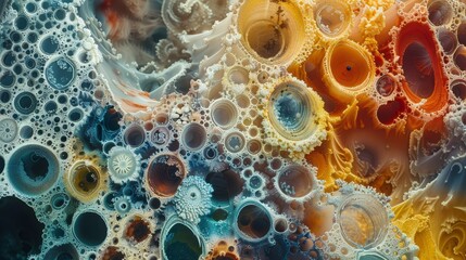 The image is a colorful abstract painting with many small circles and bubbles. The colors are bright and vibrant, creating a sense of energy and movement