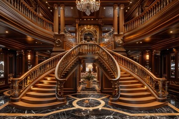 Luxury inlet lounge background with fine wooden stairs and gilded crafted wood, Generative AI