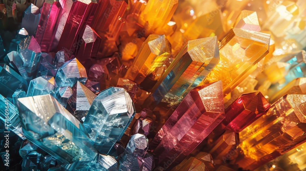 Poster a colorful cluster of crystals with a rainbow of colors. the crystals are arranged in a way that cre
