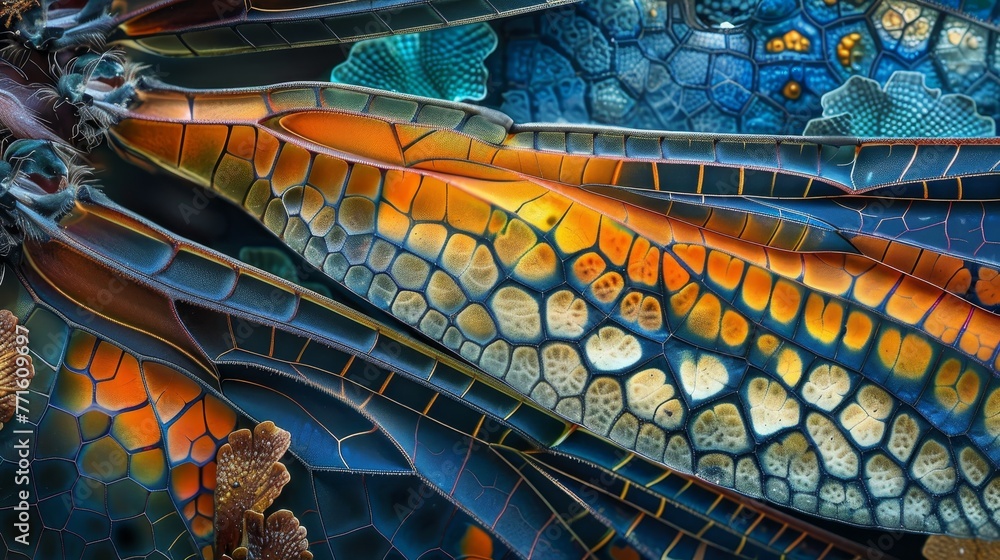Poster a close up of a colorful wing of a dragonfly. the wing is made up of many different colors and patte