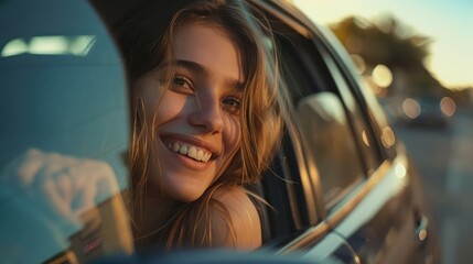 Smiling young woman leaning out of car window
