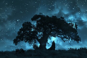 Silhouette of Abraham the father of faith in a nocturnal landscape talking to God next to a big tree, Generative AI - obrazy, fototapety, plakaty