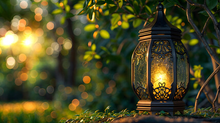 A lantern is lit in a forest setting The lantern is surrounded by green leaves and branches. The light from the lantern casts a warm glow on the surrounding area.