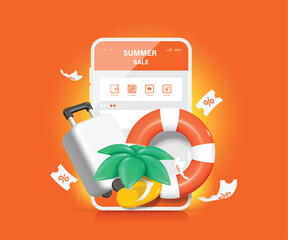 Summer online shopping promotion template, luggage bag, coconut tree, sandals, lifebuoy, placed in front of smartphone screen with shopping app template, vector 3d for summer sale concept design