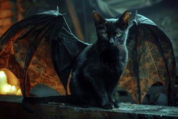 A black cat with crafted bat wings sits ominously in a dimly lit moody environment - obrazy, fototapety, plakaty