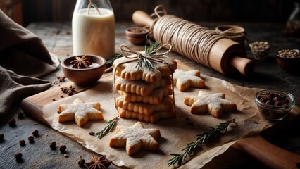 A cutting board topped with star-shaped shortbread cookies and a stack of cookies. Next to it is a bottle of milk, a rolling pin, and a bowl of spices. The scene is set on a wooden table.