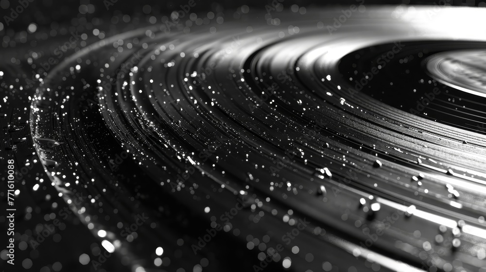 Poster a black and white photo of a record with a lot of water droplets on it. the photo has a moody and my