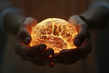 A conceptual image portraying hands holding a glowing brain illustrating ideas of intellect - obrazy, fototapety, plakaty
