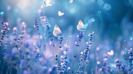 A Delicate butterflies fluttering in a mystical lavender field bathed in an ethereal blue glow.