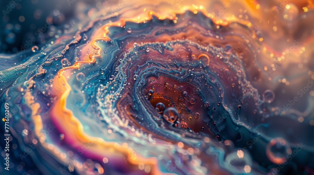 Aufkleber a colorful swirl of water droplets with a blue center. the swirl is full of bubbles and he is a part