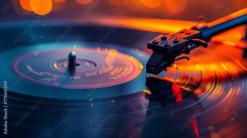 Poster a record player is on a record with a label that says 
