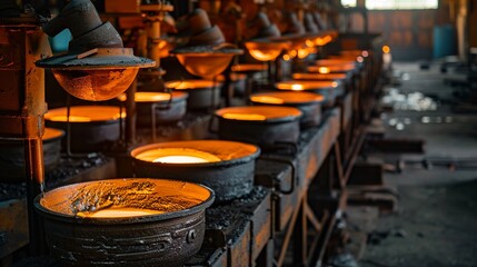 A Large industrial ladles lined up in a steel mill foundry