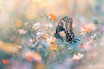 Fotobehang A majestic butterfly alights on blooming flowers in a field © Creative_Bringer