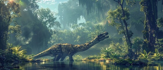 A majestic prehistoric scene depicting a dinosaur in its natural jungle habitat during the Jurassic...