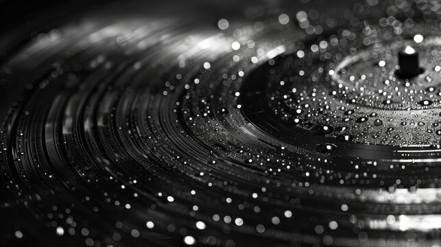 A black and white photo of a record with a lot of water droplets on it. The photo has a moody and mysterious feel to it, as if the water droplets are creating a veil over the record
