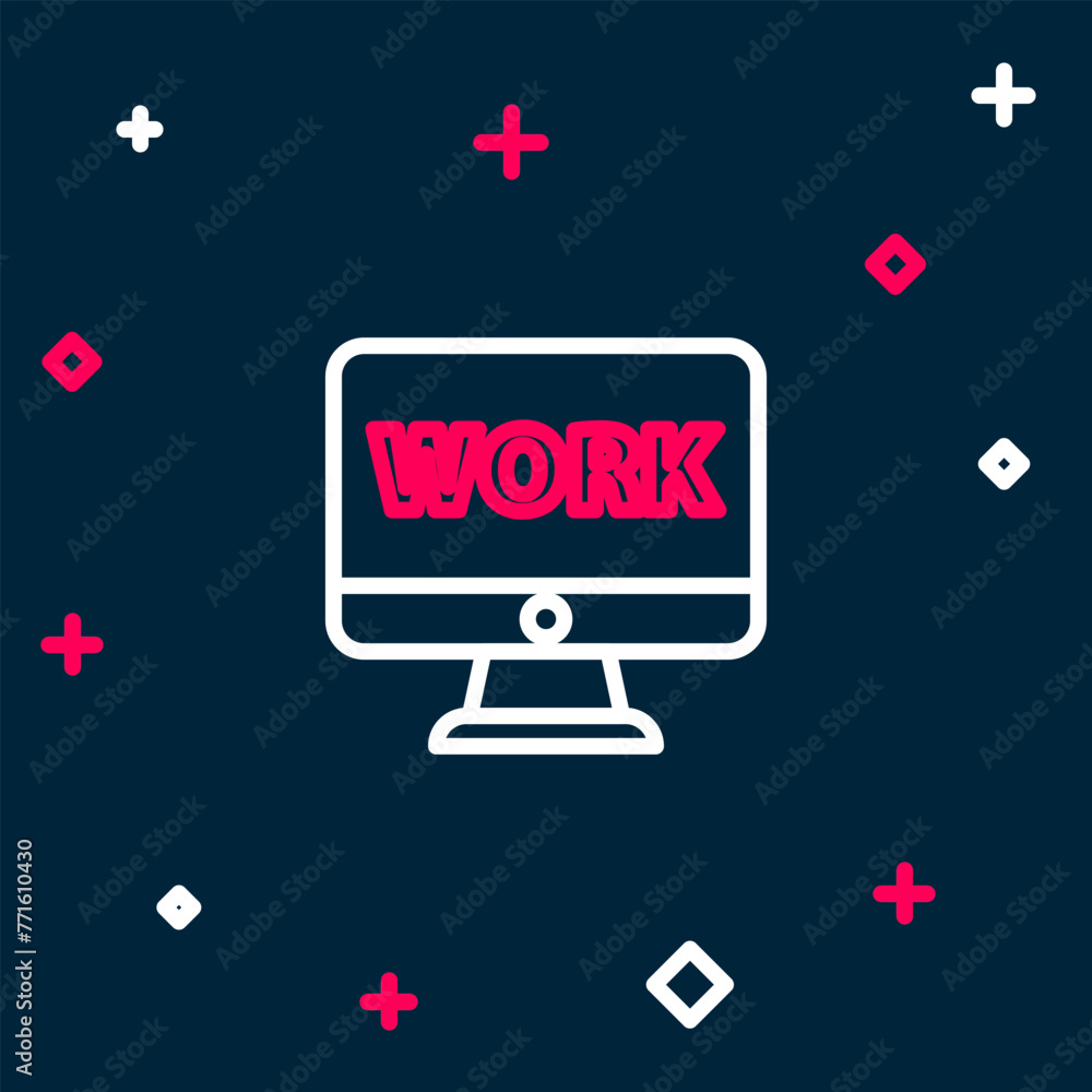 Poster line computer monitor with text work icon isolated on blue background. colorful outline concept. vec