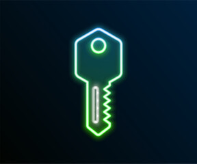 Glowing neon line House key icon isolated on black background. Colorful outline concept. Vector