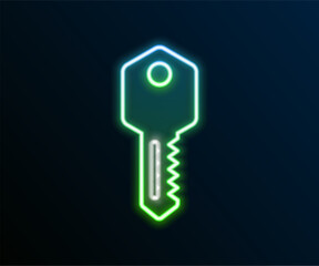 Glowing neon line House key icon isolated on black background. Colorful outline concept. Vector