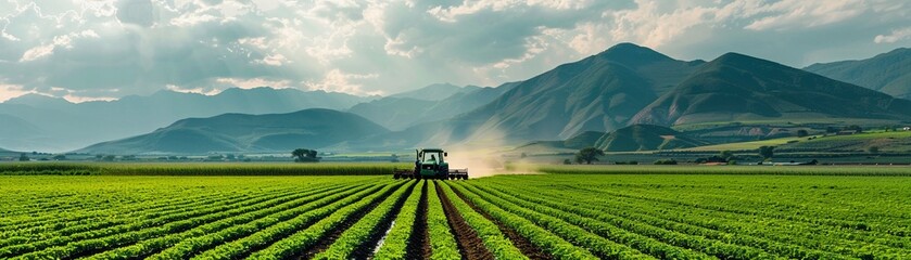 A panoramic view of vibrant green agricultural fields with a tractor under a mountainous skyline. - obrazy, fototapety, plakaty