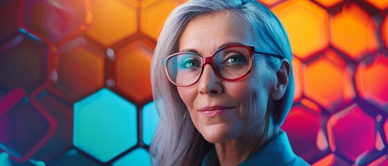 A professional female scientist with grey hair wearing glasses