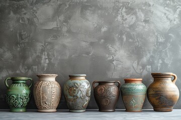 Fototapeta na wymiar A Row of assorted ceramic pots with intricate carvings on a simple gray background.