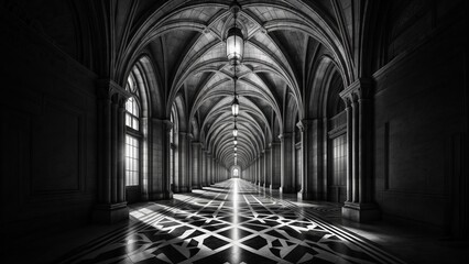 A long, dimly lit hallway with a patterned floor and high arched ceilings. - obrazy, fototapety, plakaty